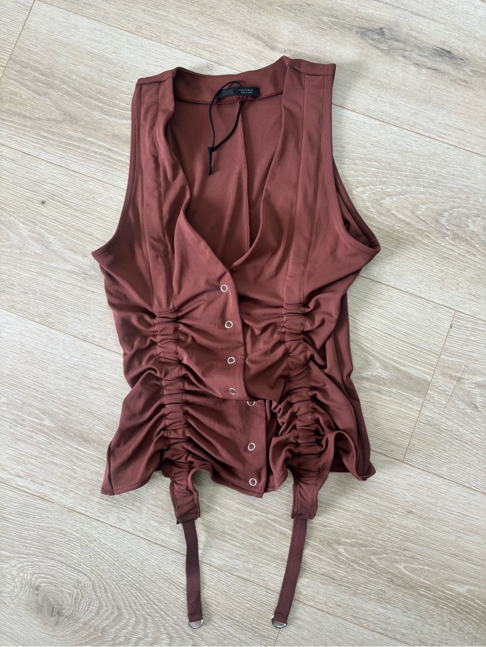 Zara Ruched Sleeveless Button-Front going out Tank Top - Brown